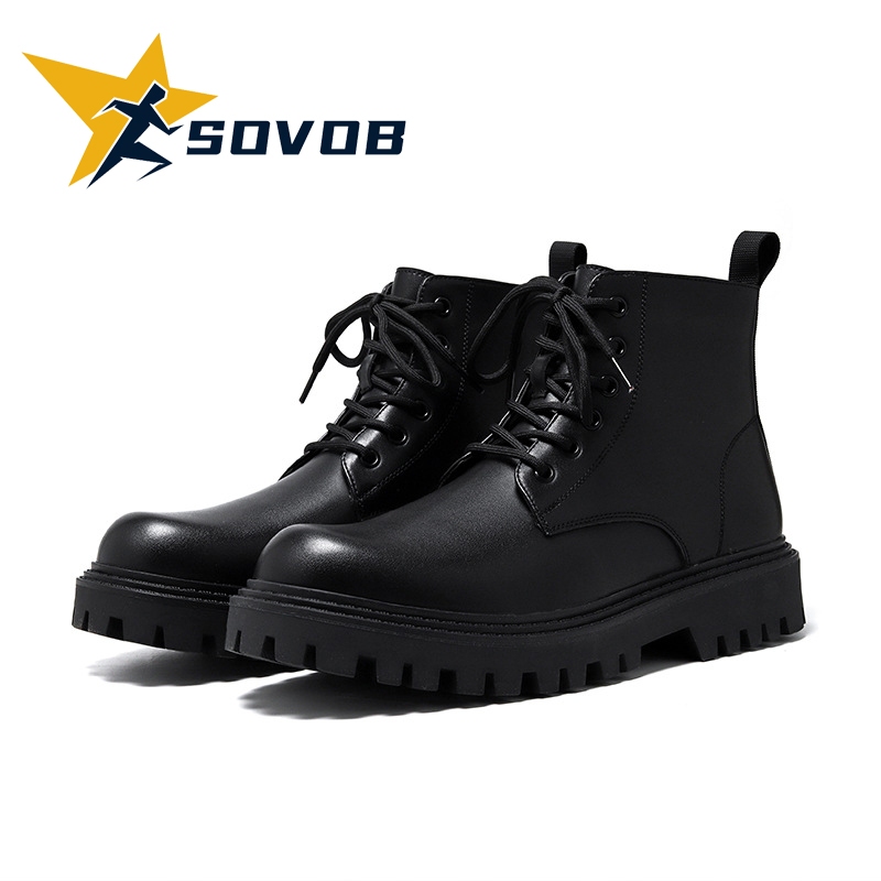 SOVOB รองเท้าผู้ชายสไตล์อังกฤษฤดูใบไม้ผลิลูกไม้ขึ้นรองเท้าสีดํากีฬาลําลองรองเท้าสั้นหนา