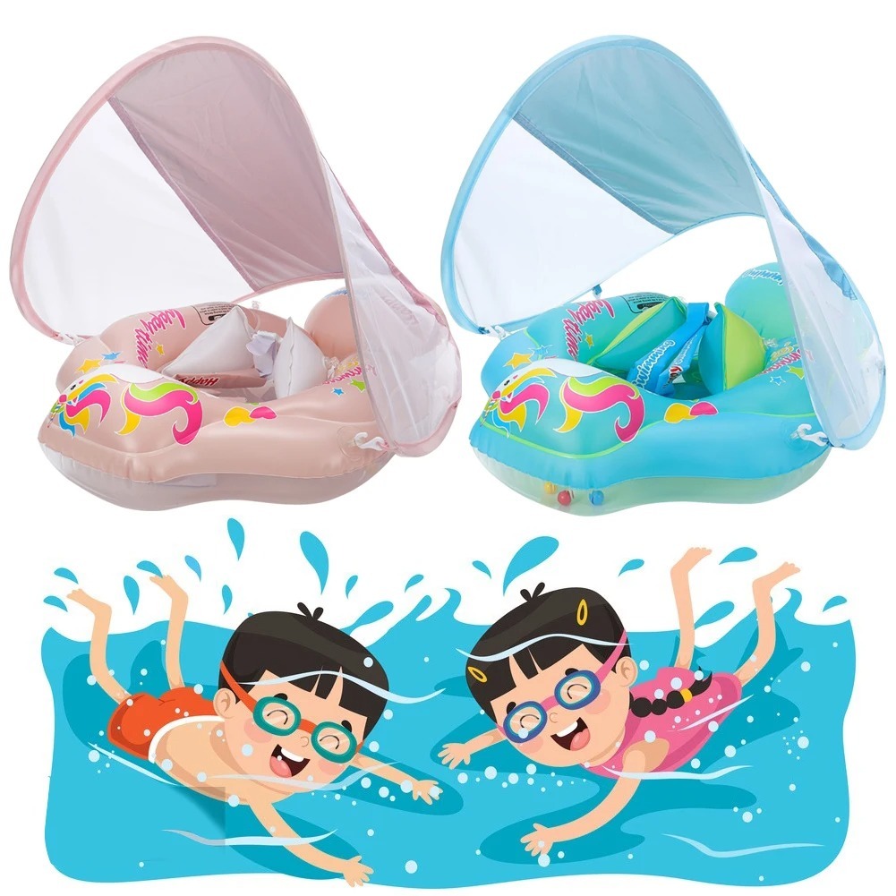 ห่วงยางเล่นน้ำเด็กเล็ก ป้องกันการพลิกคว่ำ มีม่านบังแดด ถอดได้ | Premium Baby Float