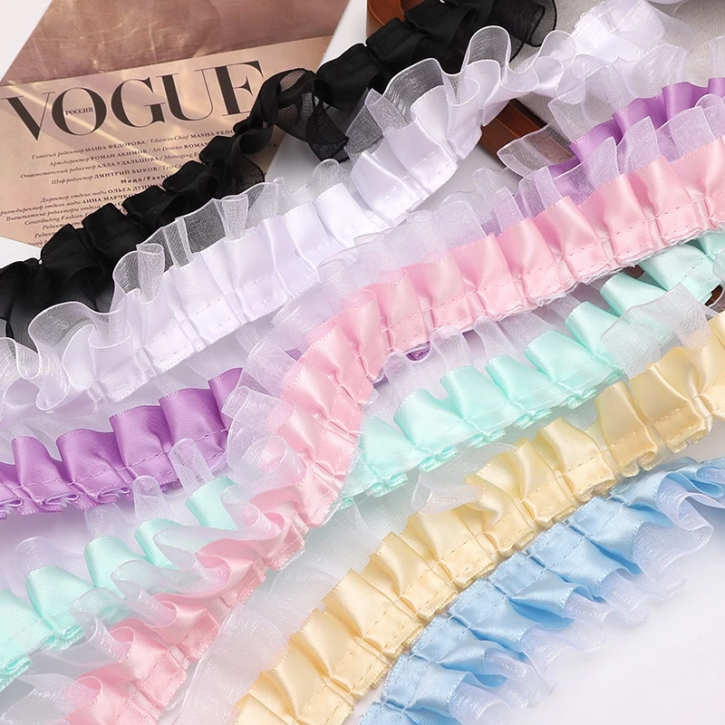 Double-Layer โพลีเอสเตอร์ Ruffled ลูกไม้ Trim - 4 ซม.Tulle + 2.5 ซม.โพลีเอสเตอร์สําหรับ DIY แฟชั่นตกแต่งบ้าน