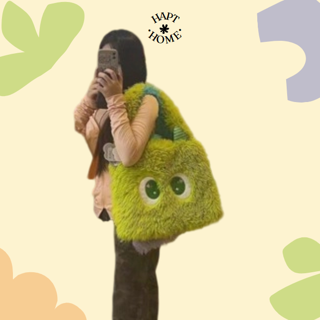 [ของขวัญ] กระเป๋าสะพายไหล่ HAPY ผ้ากำมะหยี่นุ่ม ลายมอนสเตอร์ตัวน้อย สีพาสเทล｜แถมที่คาดผม