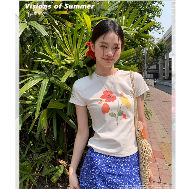 SELVZE เสื้อรัดรูป แฟชั่นที่เรียบง่ายตัวอักษรพิมพ์เสื้อยืดแขนสั้น H000973