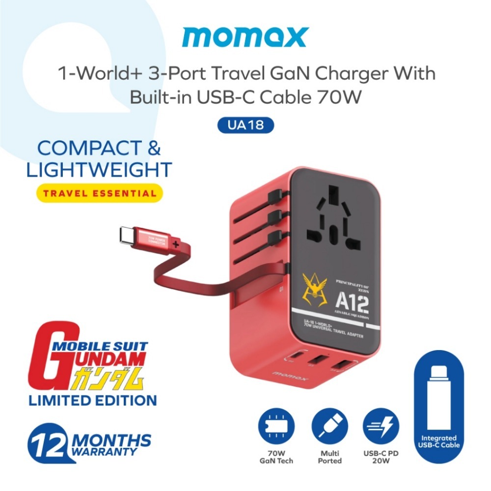 Momax Mobile Suit Gundam Limited Edition Momax 1-World+ 70W 3-Port Travel GaN Charger With Built-in 