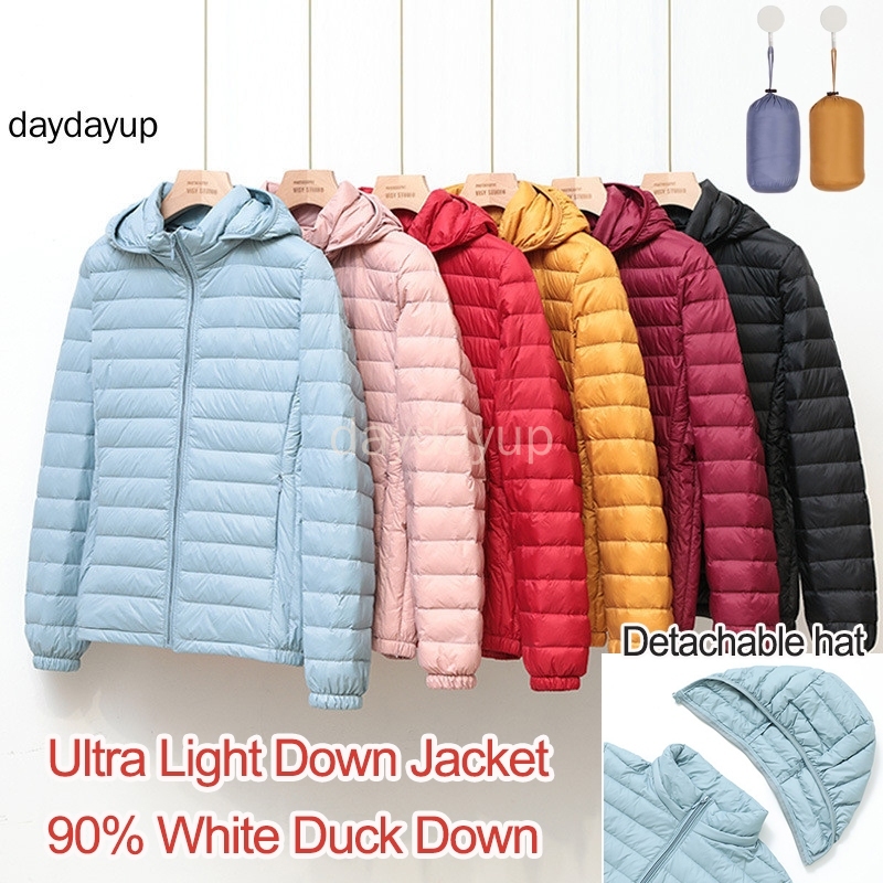 เสื้อแจ็คเก็ตดาวน์น้ําหนักเบาสําหรับผู้หญิงกันน้ํากันลมสไตล์สั้นฤดูใบไม้ร่วงและฤดูหนาวแจ็คเก็ตคลุมด้วยผ้าขนาดใหญ่90% เป็ดสีขาวลงหมวกถ