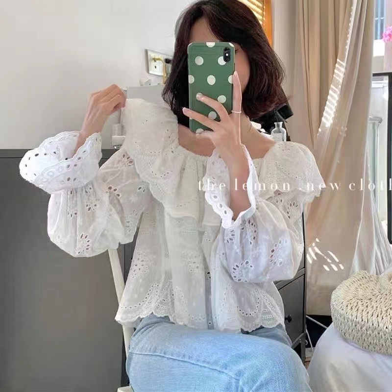 เกาหลีผู้หญิงแฟชั่นแขนยาวย้อนยุคหลวมนัวเนียเสื้อลูกไม้