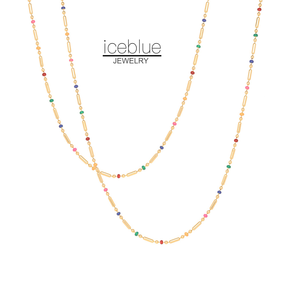 Iceblue-18K ชุบทองกันน้ํา Non Tarnish เครื่องประดับ Rainbow สีสันลูกปัดชั้นซ้อนสร้อยคอสร้อยคอ 316L สแตนเลสไทเทเนียมเหล็กสร้อยคอผู้หญิง N73