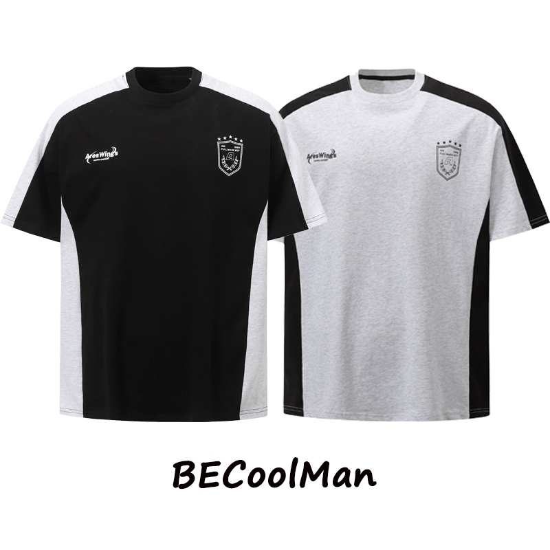 💥BECoolMan💥แขนสั้นผู้ชาย พิมพ์ลายดิจิตอล เย็บติดกัน แนววินเทจ ยอดนิยม สไตล์สปอร์ต แบบหลวมลำลอง