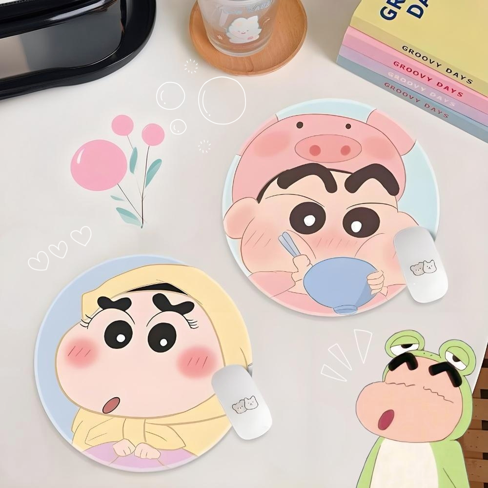 การ์ตูนน่ารัก ดินสอสี ชินจัง แผ่นรองเมาส์ทรงกลมความไวสูงลื่นแผ่นรองเมาส์เล่นเกมหนา