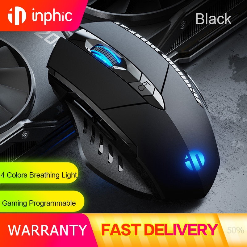 Inphic W1 เมาส์สําหรับเล่นเกมแบบมีสาย 200-8800DPI เมาส์ออปติคัล 6 ปุ่มตั้งโปรแกรมได้เมาส์ปิดเสียงตามหลักสรีรศาสตร์
