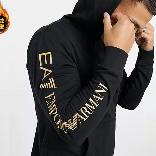 Armani Mens EA7 Sweatshirt Hooded Pullover Top พิมพ์หลวม All-Match Casual Jacket