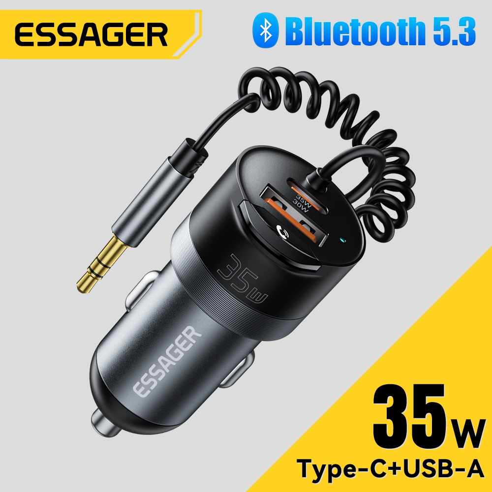 Essager USB-A+Type-C ที่ชาร์จแบตในรถเครื่องส่งสัญญาณ FM ไร้สายบลูทูธ 5.3 ไมโครโฟนในตัว