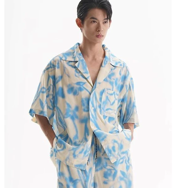 EERSHENSHI เสื้อเชิ้ตแขนสั้นคอคิวบา ลายดอกสไตล์รีสอร์ท