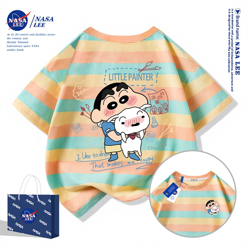 [ส่งภายใน 48 ชั่วโมง] เสื้อยืดแขนสั้นคอกลมผ้าฝ้ายสีขาวลายชินจังสำหรับเด็ก NASA ใหม่ปี 2025 เสื้อเด็กผู้ชาย-ผู้หญิงสไตล์สปอร์ต