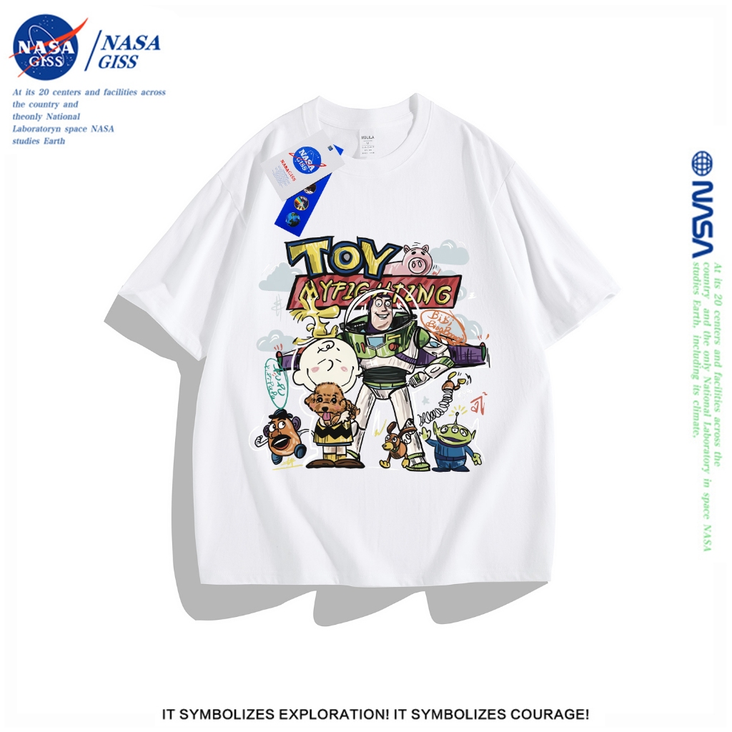 NASA เสื้อยืดชายหญิงแขนสั้น สตรีทฮิปฮอป summer Toy Story เสื้อยืดพิมพ์ลาย คอตตอน คอกลม หลวมและระบายอากาศ