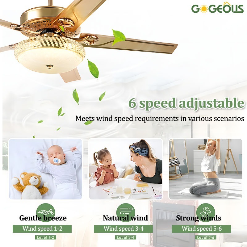 GOGEOUS พัดลมแพดาน มีไฟ led โคมไฟพัดลมเพดานสไตล์อเมริกันลักชัวรี 52 นิ้ว ไฟห้องอาหาร/ไฟห้องนอน ใบพัดเหล็กสีทอง มอเตอร์ DC มอเตอร์ทองแดงอายุการใช้งานยาวนาน 6 ความเร็ว แบบยุโรปโมเดิร์น ระบบไร้เสียงรบกวน+ควบคุมรีโมท พัดลมเพดานมีไฟ - รูปที่ 3