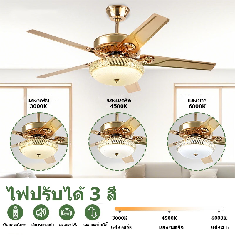 GOGEOUS พัดลมแพดาน มีไฟ led โคมไฟพัดลมเพดานสไตล์อเมริกันลักชัวรี 52 นิ้ว ไฟห้องอาหาร/ไฟห้องนอน ใบพัดเหล็กสีทอง มอเตอร์ DC มอเตอร์ทองแดงอายุการใช้งานยาวนาน 6 ความเร็ว แบบยุโรปโมเดิร์น ระบบไร้เสียงรบกวน+ควบคุมรีโมท พัดลมเพดานมีไฟ - รูปที่ 4