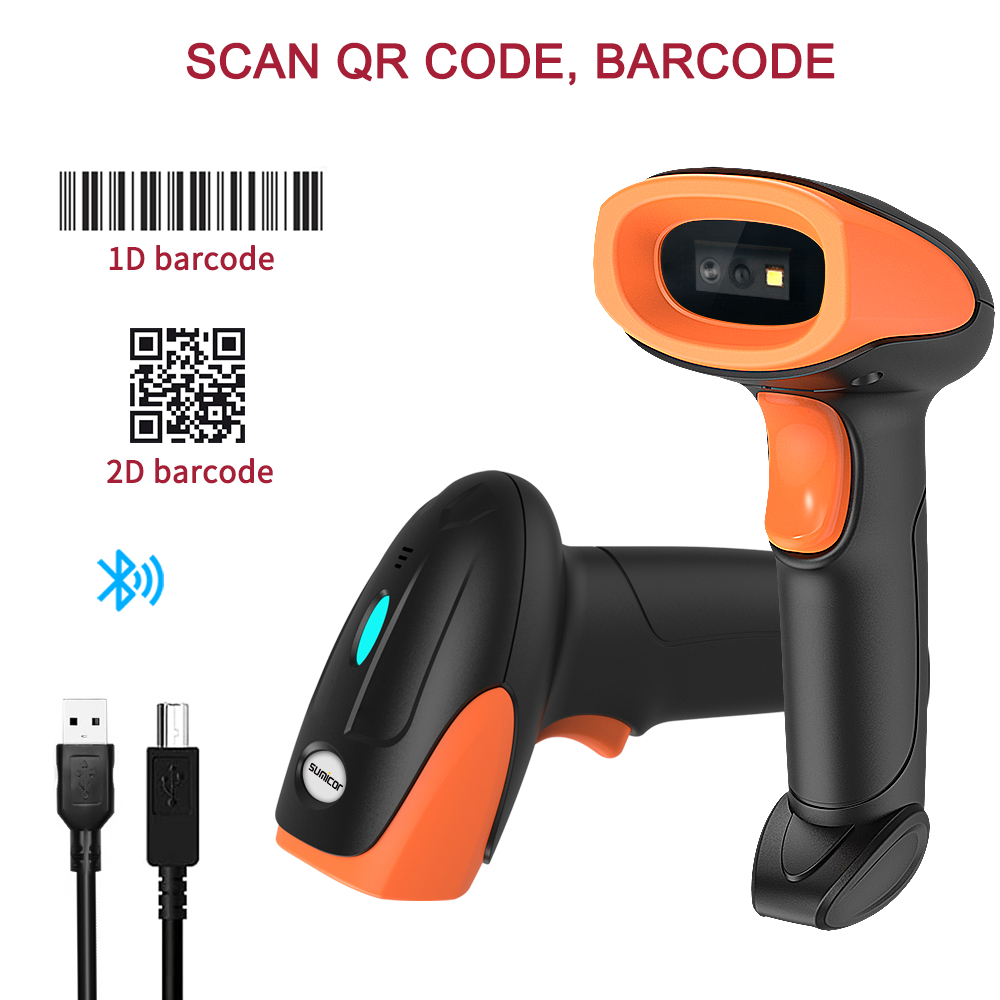 1D 2D QR Code Barcode Scanner Bluetooth 5.0 เครื่องอ่านบาร์โค้ดไร้สายมือถือ USB Bar Code Scanner พร้