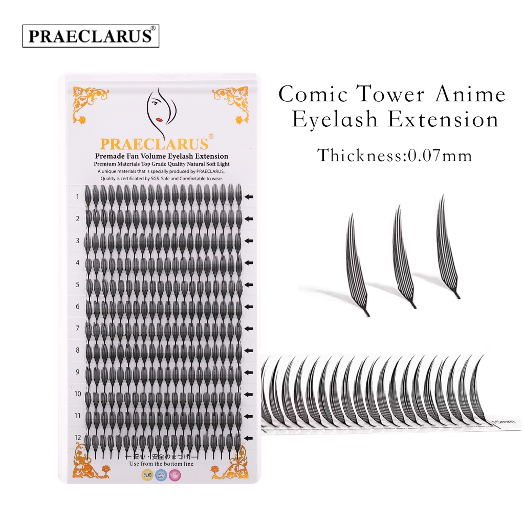 PRAECLARUS Comic Tower อะนิเมะต่อขนตาความหนา 0.07 มม.Premade ปริมาณแฟน Feather Shape Spire Lashes แสงธรรมชาตินุ่ม