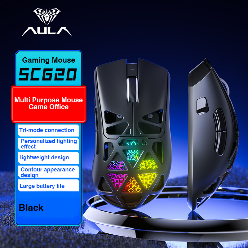 AULA SC620 เมาส์ไร้สาย Hollow Out การออกแบบน้ําหนักเบา Tri-Mode 12000 DPI PAW3311 ปุ่มไฟเกมสํานักงานเมาส์