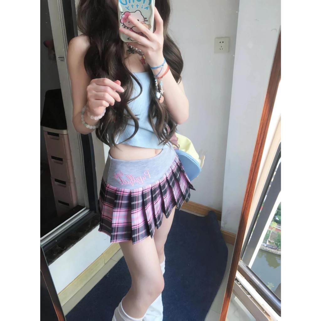 ❤อเมริกันหวานสาวร้อนลายสก๊อตเย็บปักถักร้อยเย็บจีบกระโปรงสไตล์กระโหลกเอวสูง เจเค กระโปรง