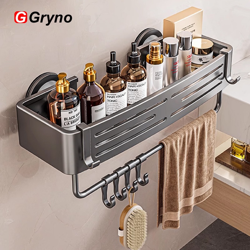Gryno ชั้นวางห้องน้ําถ้วยดูดไม่มีการเจาะติดผนังพร้อมตะขอบาร์ผ้าขนหนูอลูมิเนียมสําหรับงานหนักสําหรับห้องน้ําจัดเก็บ