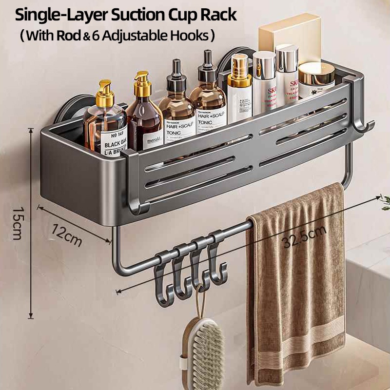 Gryno ชั้นวางห้องน้ําถ้วยดูดไม่มีการเจาะติดผนังพร้อมตะขอบาร์ผ้าขนหนูอลูมิเนียมสําหรับงานหนักสําหรับห้องน้ําจัดเก็บ - รูปที่ 5