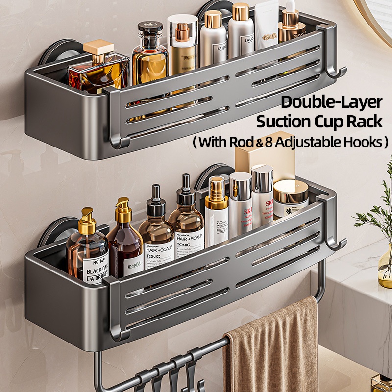 Gryno ชั้นวางห้องน้ําถ้วยดูดไม่มีการเจาะติดผนังพร้อมตะขอบาร์ผ้าขนหนูอลูมิเนียมสําหรับงานหนักสําหรับห้องน้ําจัดเก็บ - รูปที่ 6