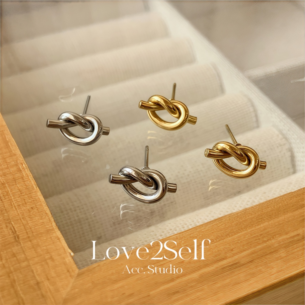 Love2Self E044 Bow Knot Stud ต่างหูสําหรับผู้หญิง 18K Gold Plated สแตนเลส Non Tarnish Vintage