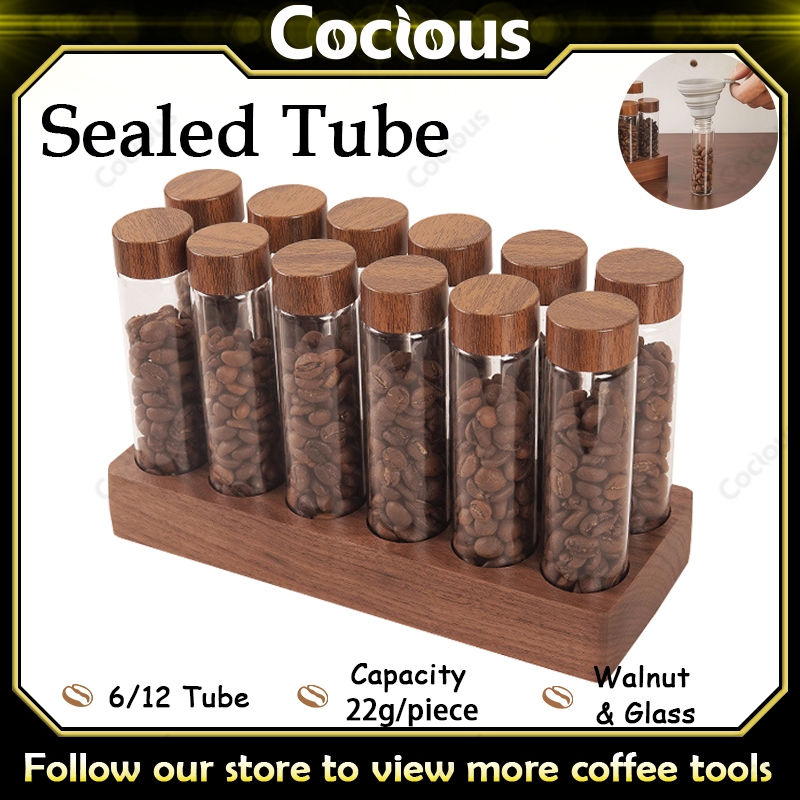 Cocious ชั้นวางจอแสดงผลเมล็ดกาแฟที่มี6/12ปิดผนึกหลอดขวดวอลนัทไม้ปิดผนึกถังเก็บ Coffee Bean Display Rack with 6/12 Sealed Tube