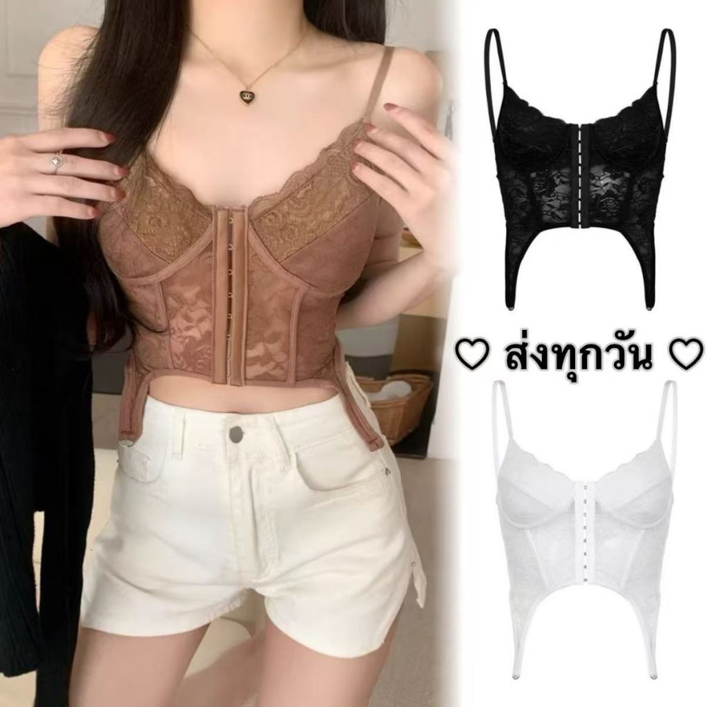 เสื้อกล้ามคอร์เซ็ทแฟชั่นสุดเซ็กซี่ ลายดอกกุหลาบ มีแผ่นโฟมในตัว ผ้าลูกไม้ เสื้อครอปสุดเซ็กซี่