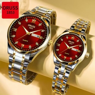 [Gift][With Box]ORUSS Original 2 Pcs Couple Stainless Steel Red Dial Dual Calendar Luxury Waterproof Luminous Watch Analog Fashion Korean Automatic Quartz Wrist Watch For Couple