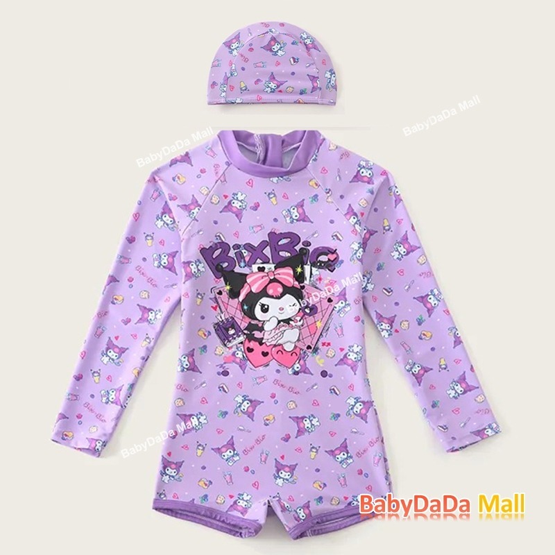 Hot15-40kggirls one piece แฟชั่นน่ารักการ์ตูน Kuromi ชุดว่ายน้ําสีม่วงสีขาวแขนยาวสีฟ้า/สีชมพูชุดว่ายน้ําชุดว่ายน้ําเด็ก - รูปที่ 5