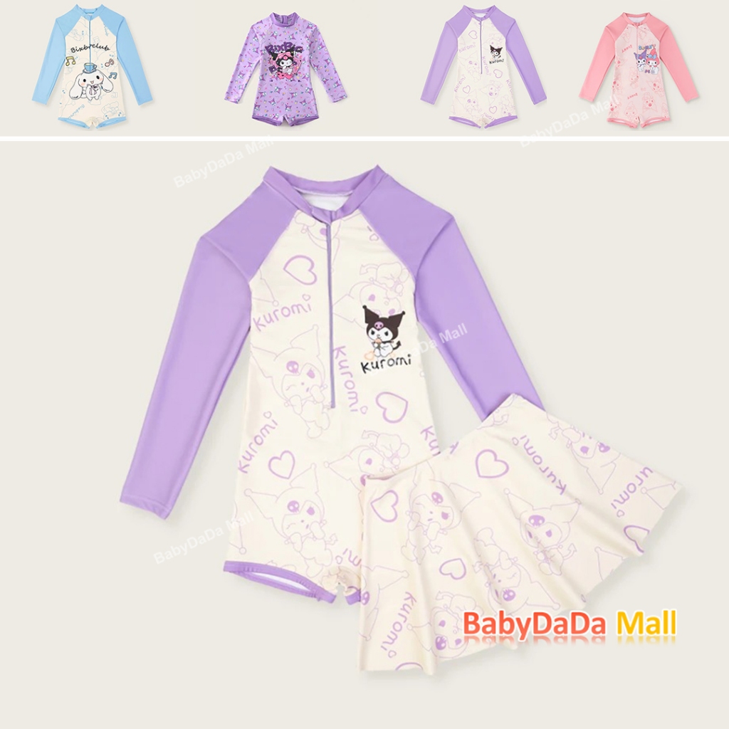 Hot15-40kggirls one piece แฟชั่นน่ารักการ์ตูน Kuromi ชุดว่ายน้ําสีม่วงสีขาวแขนยาวสีฟ้า/สีชมพูชุดว่ายน้ําชุดว่ายน้ําเด็ก