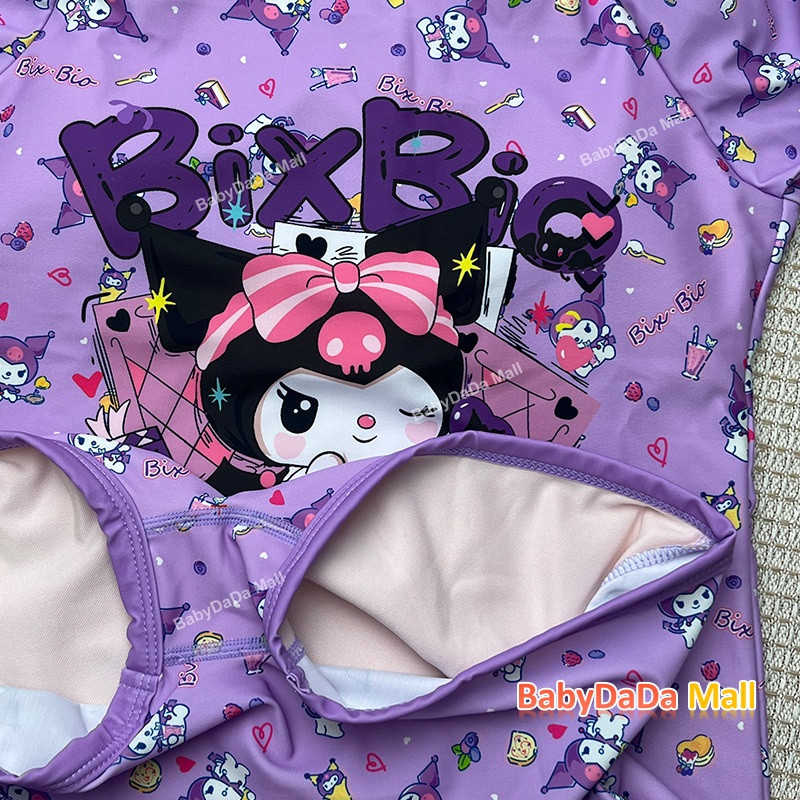 Hot15-40kggirls one piece แฟชั่นน่ารักการ์ตูน Kuromi ชุดว่ายน้ําสีม่วงสีขาวแขนยาวสีฟ้า/สีชมพูชุดว่ายน้ําชุดว่ายน้ําเด็ก - รูปที่ 3