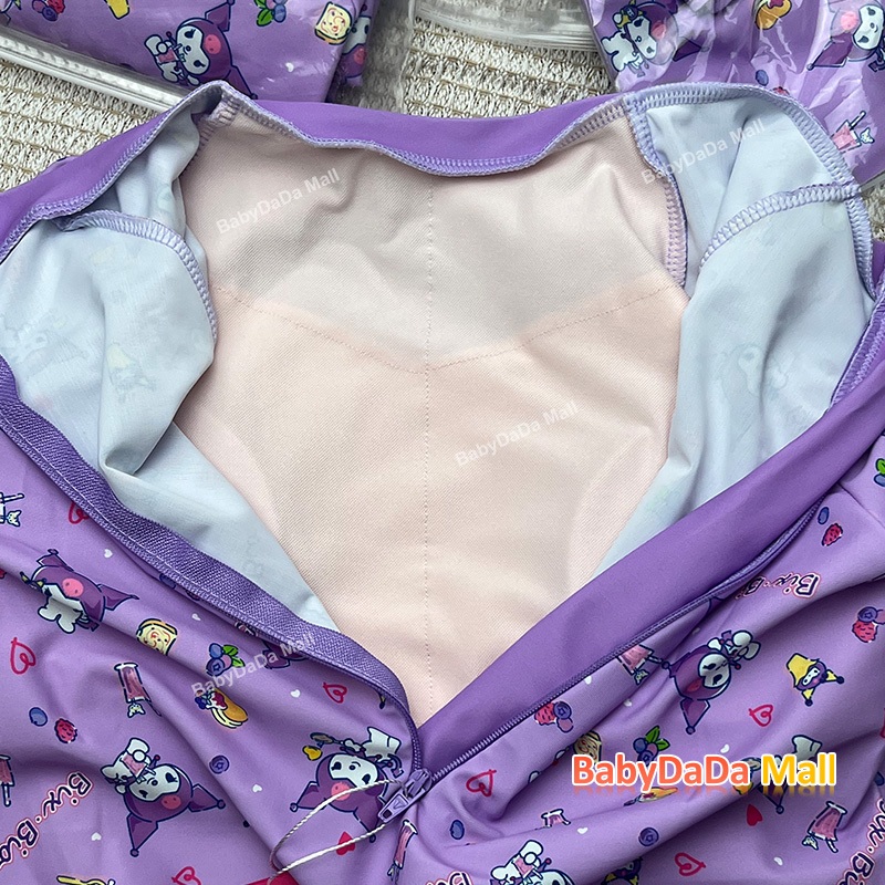 Hot15-40kggirls one piece แฟชั่นน่ารักการ์ตูน Kuromi ชุดว่ายน้ําสีม่วงสีขาวแขนยาวสีฟ้า/สีชมพูชุดว่ายน้ําชุดว่ายน้ําเด็ก - รูปที่ 4