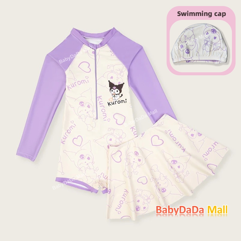 Hot15-40kggirls one piece แฟชั่นน่ารักการ์ตูน Kuromi ชุดว่ายน้ําสีม่วงสีขาวแขนยาวสีฟ้า/สีชมพูชุดว่ายน้ําชุดว่ายน้ําเด็ก - รูปที่ 7