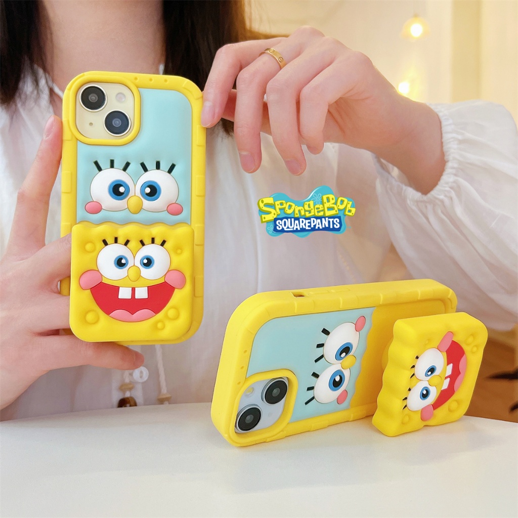 ซิลิโคนDrop Resistance Soft Shell Bracket SpongeBob SquarePants IphoneสําหรับIPhone 16 ProMax 15 ProMax 15Plus 13 12 11 14ProMaxกรณี