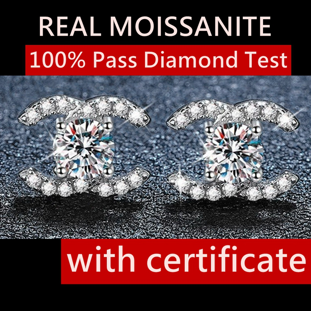 จริง Moissanite 5 มม.D สีรอบตัด 925 เงินสเตอร์ลิงต่างหูผู้หญิง Anniversaries ของขวัญ Pass Diamond Test