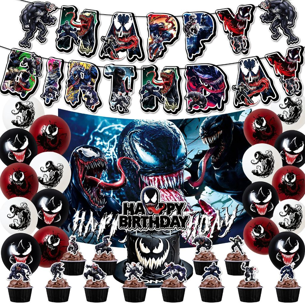 Venom Theme Party ตกแต่งเด็กวันเกิดแบนเนอร์เค้ก Topper บอลลูนแขวนพื้นหลังผ้าชุด