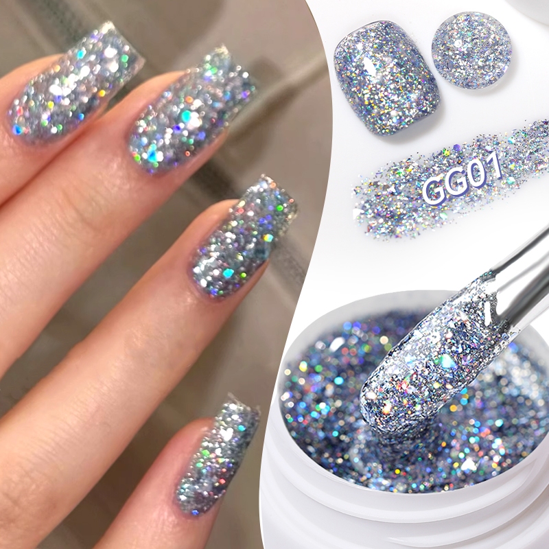 Gold Silver Glitter เจลเล็บ Glitter Sequins Soak Off UV เจลเคลือบเงาที่มีสีสันเล็บเจล DIY เล็บ 7ml