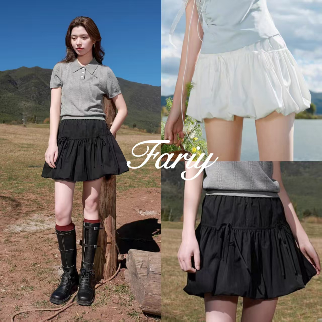 Fariy🍒มีสินค้า🍒 กระโปรงสั้นสีขาว ทรงเอ ผูกโบว์ สไตล์หวาน ฤดูร้อน