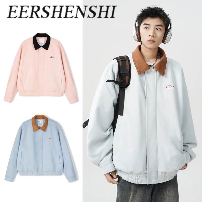 EERSHENSHI เสื้อแจ็คเก็ตเบสบอลทรงหลวมสําหรับทั้งชายและหญิงพร้อมปลอกคอหนังกลับและ