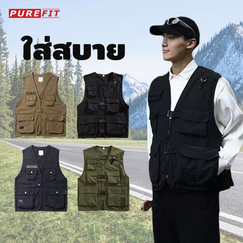เสื้อกั๊กผู้ชายผ้าทนทาน แบบมีกระเป๋าหลายช่อง ระบายอากาศได้ดี สำหรับกลางแจ้ง เดินป่า เที่ยวเขา Camping vest M-3XL