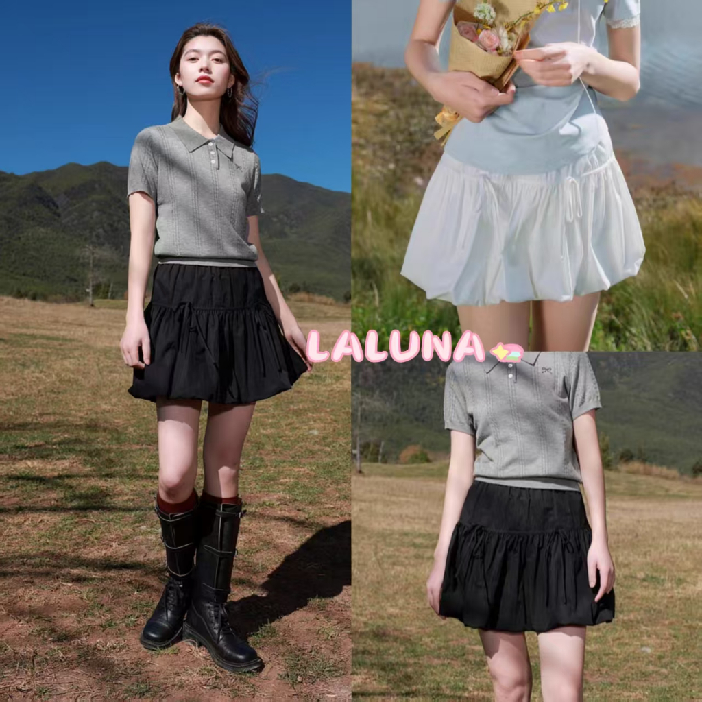 Lln🍑พร้อมส่ง🍑 ดีไซน์กระโปรงพองผูกโบว์ กระโปรงสีขาว กระโปรงผู้หญิง ฤดูร้อน สไตล์หวาน กระโปรงสั้นทรงเอ กระโปรงทรงดอก