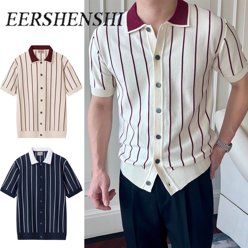 EERSHENSHI เสื้อยืดแขนสั้นลายทางถักบางฤดูร้อนใหม่อินเทรนด์ส่วนบุคคลและเข้ากันทั้งหมด