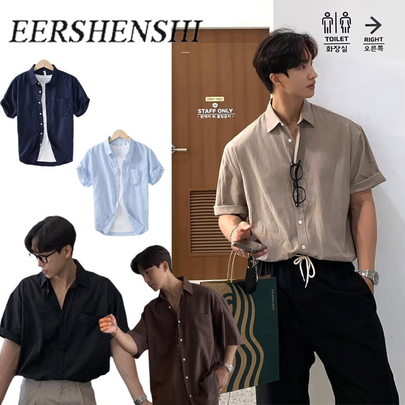 EERSHENSHI เสื้อเชิ้ตผ้าลินินสีกากีสีดําและสีขาวสีฟ้าอมม่วง น้ำตาล M-3XL