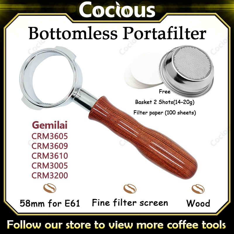 Cocious ก้านชงก้นเปลือย E61 58 มม. Bottomless Portafilter สําหรับ Generic 2 หูเครื่องชงกาแฟเอสเปรสโซ 304 สแตนเลส
