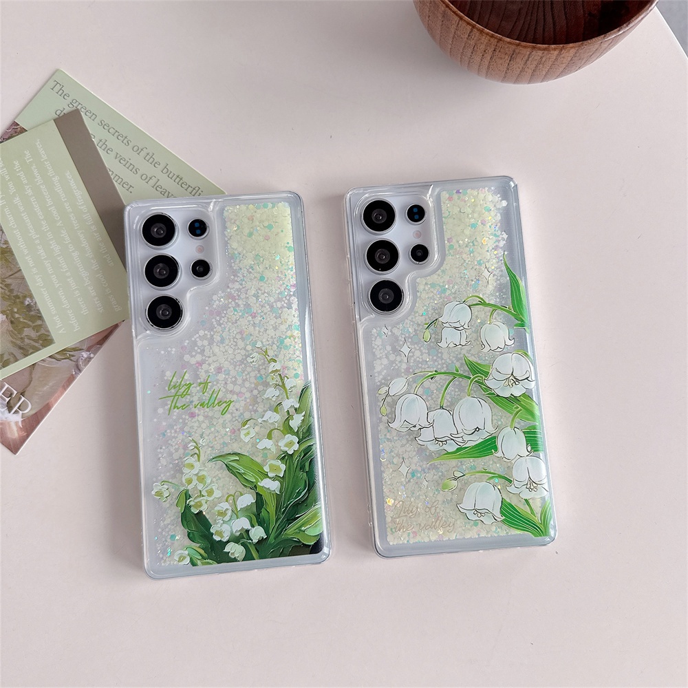 สําหรับ Samsung S25 S24 Ultra S23 Plus S22 Lily Patterned Glow In the Dark Bling Quicksand Case