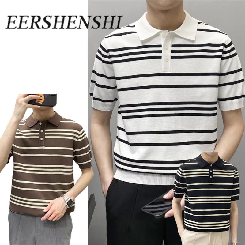 EERSHENSHI เสื้อโปโลผู้ชายลายทางผ้าไหมน้ําแข็งระบายอากาศแขนสั้นลําลองด้านบน