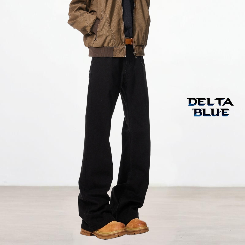 DELTA BLUE กางเกงยีนส์ผู้ชายขาเดฟ ยีนส์ขายาวขาบาน เอวยางยืดสีดำ  ชายขายาวคนผอม  แสดงความยาวขา Summer 2025 ดูผอมเป็นพิเศษเมื่อสวมใส่ จับคู่อะไรก็ได้