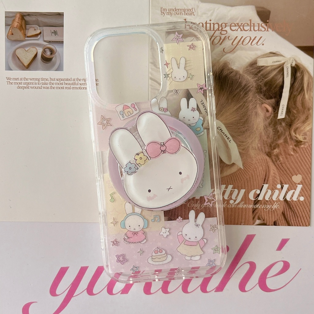 Luxury Glitter Glossy Miffy Bunny พร้อมขายึดแม่เหล็กสําหรับ iPhone 16, 15, 14, 13, 12 Pro Max ป้องกันกันกระแทกกันชน